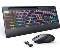 seenda 2.4G Wireless Keyboard and Mouse Combo with Rainbow Backlit, Rechargeable Keyboard and Mice Set UK Layout Full Size with 2 in 1 USB C & USB A Dongle and Wirst Rest, Black
