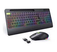 seenda JPX006 Wireless Keyboard and Mouse Combo with Rainbow Backlit, Rechargeable Keyboard and Mice Set UK Layout Full Size with 2 in 1 USB C & USB A Dongle and Wirst Rest, Black