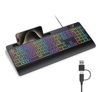 Seenda KOE200 Wired Quiet Backlit Keyboard, RGB Backlight with Phone Holder and Palm Rest, Compatible with Windows and macOS, 2-in-1 USB & USB-C Connector for PC, Laptop, MacBook, iMac - Black