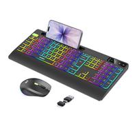 seenda Wireless Backlit Keyboard and Mouse, Rechargeable 2.4G USB A & Type C Ergonomic Set UK QWERTY Layout with Rainbow Backlight and Wrist Rest, Black