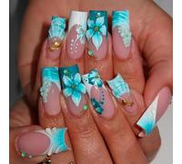 SEENEEY Medium Press on Nails Square Fake Nails Blue Artificial Nail with 3D Flowers Designs Cute Stick on Nail for Women 24pcs