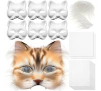 Seenelling 19 Pcs Therian DIY Cat Fox Mask Set Including 6 Pcs Blank Mask 1 Pcs Plush Faux Fur Fabric and 10 Pcs Withe Felt Fabric Sheet 2 Pcs Plastic Mesh Canvas Sheets for Halloween Costume Party