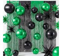 Seenelling 25 Pcs Green and Black Party Decorations Sets 22 Inch 4D Large Stars Balloons with Metallic Tinsel Foil Fringe Backdrop Curtains for 2026 Graduation Birthday Anniversary Wedding Decor