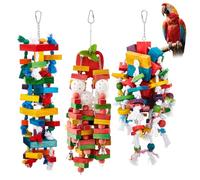 Seenelling 3 Pcs Extra Large Bird Parrot Toy Multicolored Natural Wooden Parrot Cage Chewing Toys for Large Medium Macaws Cockatoos African Grey Birds (Block and Rope)