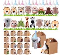Seenelling 48 Pcs Safari Animals Party Favors, 16 Mini Safari Animals 16 Kraft Paper Boxes 16 Small Birthday Hats Gift for Adopt a Pet Valentines Birthday Party Favors Supplies