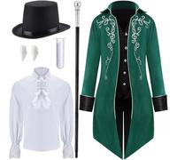 Seenelling 6 Pcs Halloween Men Vampire Costume Set with Tailcoat Jacket, Pirate Shirt, Top Hat, Wizard Staff, Fangs and Beads (Green,L)