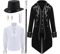 Seenelling 6 Pcs Halloween Men Vampire Costume Set with Tailcoat Jacket, Pirate Shirt, Top Hat, Wizard Staff, Fangs and Beads(Black,M)