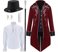 Seenelling 6 Pcs Halloween Men Vampire Costume Set with Tailcoat Jacket, Pirate Shirt, Top Hat, Wizard Staff, Fangs and Beads(Red,XXL)