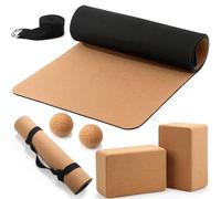 Seenelling 7 Pcs Cork All in One Yoga Essentials Kit Large Cork Yoga Mat and Blocks Set with Carry Strap and Alignment Lines 2 Pcs Massage Balls 10ft Stretch Strap for All Levels