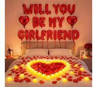 Seenelling Red Will You Be My Girlfriend Letter Balloon 24 LED Flameless Tealight Heart Candle and 2000 Artificial Rose Petals Heart Love Balloon for Valentines Day Decor Romantic Special Night(White)