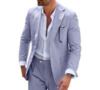 Seersucker Mens Suit 2 Piece Slim Fit Stripe Suits Tuxedo Blazer Jackets Pants Set Summer Beach Wedding Outfit for Men, Blue, M