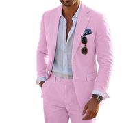 Seersucker Mens Suit 2 Piece Slim Fit Stripe Suits Tuxedo Blazer Jackets Pants Set Summer Beach Wedding Outfit for Men, Pink, M