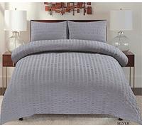 Seersucker Stripe Duvet Quilt Cover with Pillows Polycotton Luxury Easy Care Soft Bedding Set white (Silver, Double)