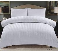 Seersucker Stripe Duvet Quilt Cover with Pillows Polycotton Luxury Easy Care Soft Bedding Set white (white, Double)