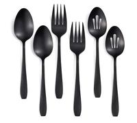 Seeshine 6 Pieces Large Black Serving Utensils, Stainless Steel Catering Buffet Serving Set Hostess Set, Serving Spoon x 2, Slotted Serving Spoon x 2 and Serving Forks x 2 for Party Banquet Cooking
