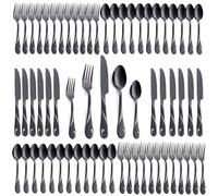 Seeshine Black Cutlery Set for 12 People, 60 Piece Stainless Steel Flatware Set, Shiny Black Metal Silverware Including Fork, Knife and Spoon, Dishwasher Safe