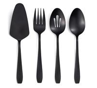 Seeshine Stainless Steel Large Serving Utensils, Matte Black Heavy Duty Hostess Set, 4-Piece Flatware Serving Set Include Slotted Spoon Serving Spoon Serving Fork and Cake Server for Buffet Catering