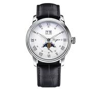 Seestern Sugess MoonPhase Mechanical Steel Black White Leather Date Sapphire Men's Watch, Black, Strap
