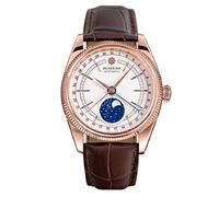 Seestern Sugess S452 Automatic Steel Leather Brown Rose Gold White Moon Phase Sapphire Men's Watch, brown, Strap