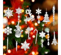 SEESUNO 32 Pcs Christmas Tree Decorations, Acrylic Silver Crystal Ornaments Icicles Snowflake Hanging Ornament for New Year Party