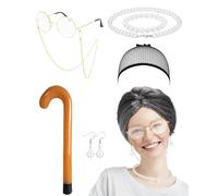SEESUNO 8 Pcs Granny Wig, Grey Wig, Old Lady Fancy Dress Set,Includes Curlers, Hair Net, Glasses, Glasses Chain, Necklace, Bracelet and Cane