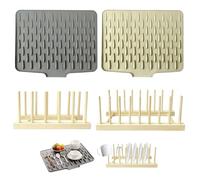 SEESUNO Silicone Draining Mat for Sink, 2 Pcs Non Slip Draining Board Mats with Wood Dish Rack for Dishes, Kitchenware, Fruit