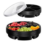 Seewey 10 Pack Round Plastic Serving Tray 11.8 Inches 6 Sectional Appetizer with Lid Food Platters Platter Container Veggie Fruit Organizer for Party and Buffet (Black) (YOU-Seewey-2642)