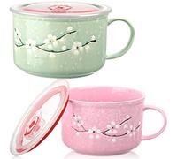 SEEWEY 2 Pcs Floral Ceramic Bowl with Lid and Handle Heat Preservation Instant Noodles Mug Oatmeal Container Microwavable Bowls with Lids Soup Cup for Ramen Noodle Cereal Travel