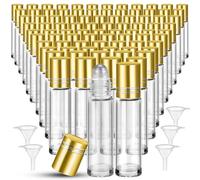 SEEWEY 96 Pcs Perfume Oil Roller Bottles 10ml Essential Empty Glass Roller Bottles with Stainless Steel Balls Protection Leakproof with 5 Funnel for Travel Lip Gloss(Clear, Gold Lid)