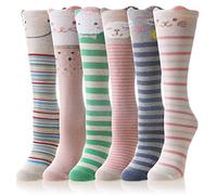 SEEYAN Girls Knee High Socks Long Funny Boot Kids Crazy Animal Pattern Tall Cute Fun Child Socks For Girls Gifts 6 Pairs (6 Pairs Stripe Animal)