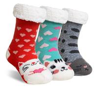 SEEYAN Kids Fluffy Socks Boys Girls Christmas Stockings Cute Animal Soft Fuzzy Thermal Fleece Lined Non Skid Winter Home Socks (Rose Red+Green+Grey Cat, 8-12 Years)