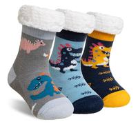 SEEYAN Kids Fluffy Socks Boys Girls Christmas Stockings Dinosaur Animal Winter Soft Fuzzy Thermal Fleece Lined Non Skid Home Socks (3 Pairs Dinosaur, 8-12 Years)