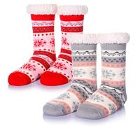 SEEYAN Slipper Fluffy Socks Womens Bed Cosy Christmas Thick Fleece Winter Warm Comfy Soft Thermal Non Slip Socks With Grips (Grey+Pink Snowflake)