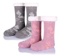 SEEYAN Slipper Fluffy Socks Womens Bed Cosy Christmas Thick Fleece Winter Warm Comfy Soft Thermal Non Slip Socks With Grips (Grey+Purple Flamingo)