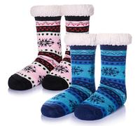 SEEYAN Slipper Fluffy Socks Womens Bed Cosy Christmas Thick Fleece Winter Warm Comfy Soft Thermal Non Slip Socks With Grips (Black+Blue Snowflake)