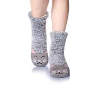 SEEYAN Slipper Fluffy Socks Womens Bed Cosy Christmas Thick Fleece Winter Warm Socks Comfy Soft Thermal Non Slip Socks With Grips (Cat Grey)