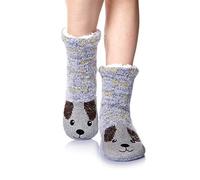 SEEYAN Slipper Fluffy Socks Womens Bed Cosy Christmas Thick Fleece Winter Warm Socks Comfy Soft Thermal Non Slip Socks With Grips (Grey Dog#N)