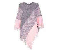 SEFILKO Women's Knitted Stripe Patterns Shawl Poncho Fringed Cape Oversized Loose Sweater (Pink)
