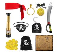 SEFIRST 10 Pcs Pirate Costume Accessories Kit Boys Pirate Capitain Fancy Dress Kids Role Play Dress Up for Carnival Birthday Party Halloween, Pirates Map Telescope Bandana Eye Patches Inflatable Parro