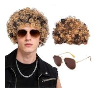 SEFIRST 2 Pcs Hippie Costume Set, Funky Afro Wig Fancy Dress, Brown Curly Wigs for 60/70/80s Theme Party, Mens & Womens Pop Hippie 80s Disco Fever Hair, Wig Costume Accessory for Halloween Carnival