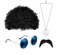 SEFIRST 4 Pcs Hippie Costume Set, Funky Afro Wig Fancy Dress, Black Curly Wigs for 60/70/80s Theme Party, Mens & Womens Pop Hippie 80s Disco Fever Hair, Wig Costume Accessory for Halloween Carnival