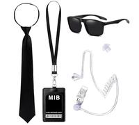 SEFIRST 6 Pcs Agent Costume Accessories Set, Men in Black Costume Accessories, Spy Fbi Secret Security Guard Outfit Kit with Frame Glasses Necktie Earpiece ID Badge for Halloween Cosplay Carnival