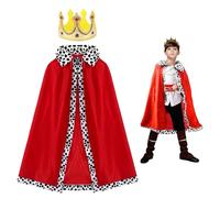 SEFIRST King Costume Set for Kids, 1 pcs Prince Cloak & 1 pcs Crown for Role Play, Kids Red Cape, knight costume Children's Royal Robe for Halloween Fancy Dress Cosplay Party Carnival, 90cm