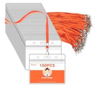 Segarty Lanyard for ID Badge, 100 Pack Horizontal Clear Name Tags ID Card Badges Holders, Orange Straps Neck Lanyards Clip Waterproof Ziplock Nametag Protector for Cruise, Business, School