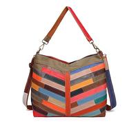Segater Women Multicolor Shoulder Purse Genuine Leather Tote Handbag Random Stripe Color Patchwork Crossbody Bag Work Shopper Satchel