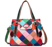Segater® Women Multicolor Tote Bag Genuine Leather Colorful Square Stitching Handbag Purse Ladies Bohemian Design Handbag Vintage Patchwork Crossbody Bags (Multicoloured)
