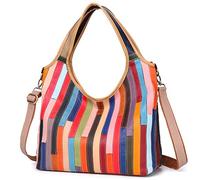 Segater Womens Multicoloured Handbag Genuine Leather Purses Colorful Stripes Stitching Shoulder Bag Vintage Tote Satchels