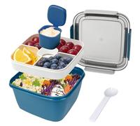 SEGNAYEN Salad Lunch Box, 1500ml Large Salad Container, Meal Prep Salad Bowl Boxes with Lid, 5-Compartment Tray, Dressing Pot, Cutlery, Lid for Adult Packed Fruit Snacks, Blue