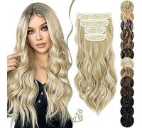 SEGO 22 Inch Thick Highlight Hair Piece 4PCS Long Wavy Clip in Extensions Full Head 180g Synthetic Fiber Hairpieces For Women, Ash Blonde & Bleach Blonde