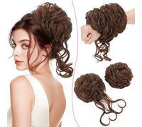 SEGO 2PCS Messy Bun Fluffy Tousled Updo Scrunchies 75g Synthetic Hair Bun Hair Piece Set For Women Easy Bun Hairpiece, Medium Brown & Dark Brown
